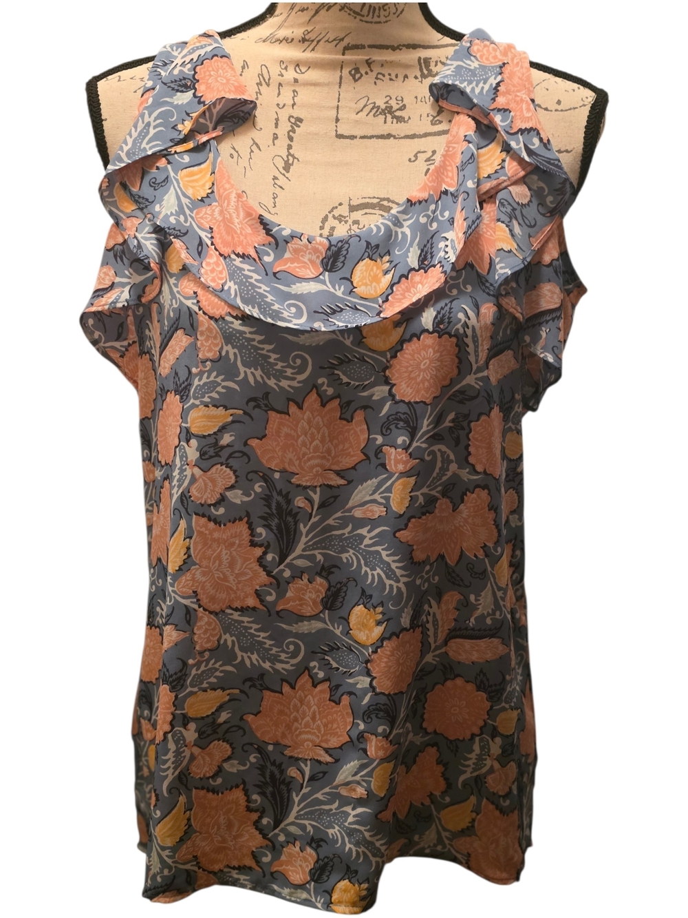 LOFT Ruffle Neck Floral Camisole in Slate Blue and Peach Women's Small Euc